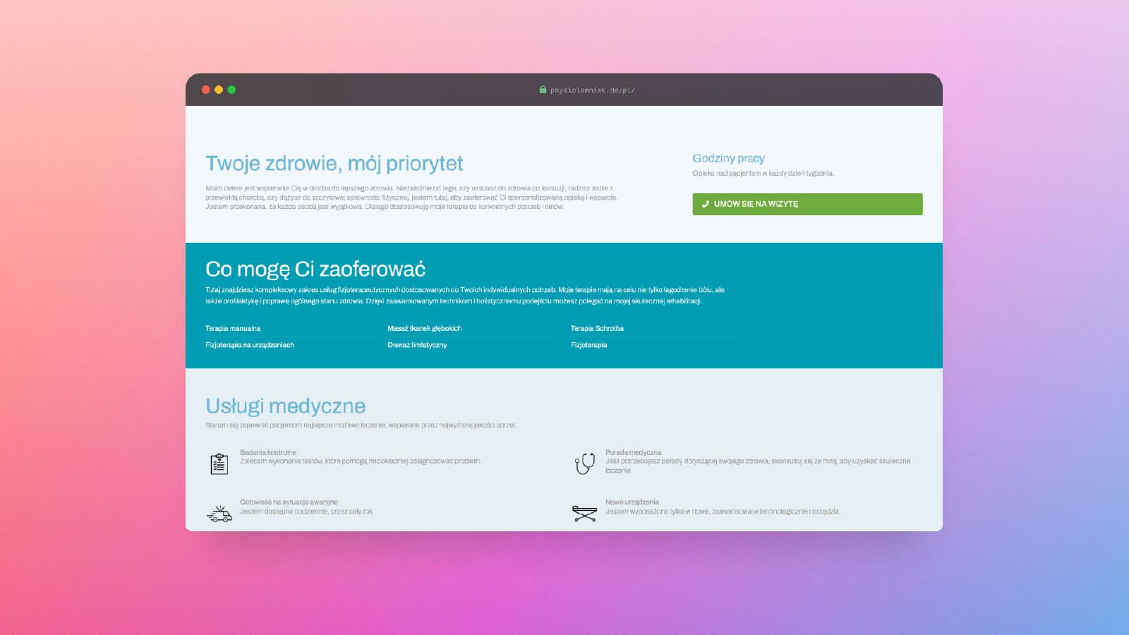 PhysioLomniak — strona internetowa i wizytówka gabinetu fizjoterapii — 2